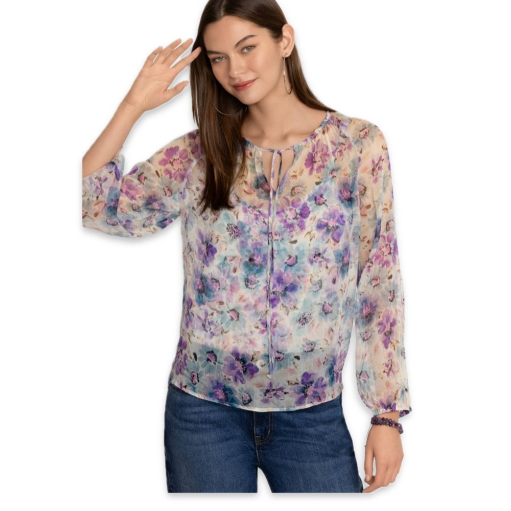 Johnny Was‎ Glinda silk peasant blouse XL floral white purple light sheer NWT - Picture 5 of 12